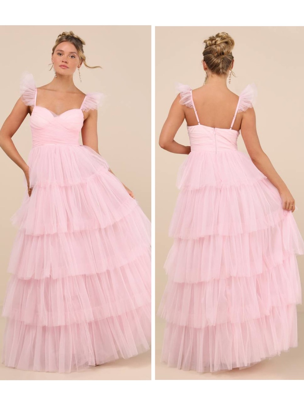 Lulus Fabulous Poise Light Pink Tulle Ruffled Tiered Maxi Dress Size Small NWT